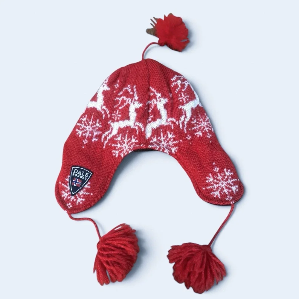 Vintage Dale of Norway Red Wool Hat Tassel Ear Flap Fair Isle Reindeer Youth M